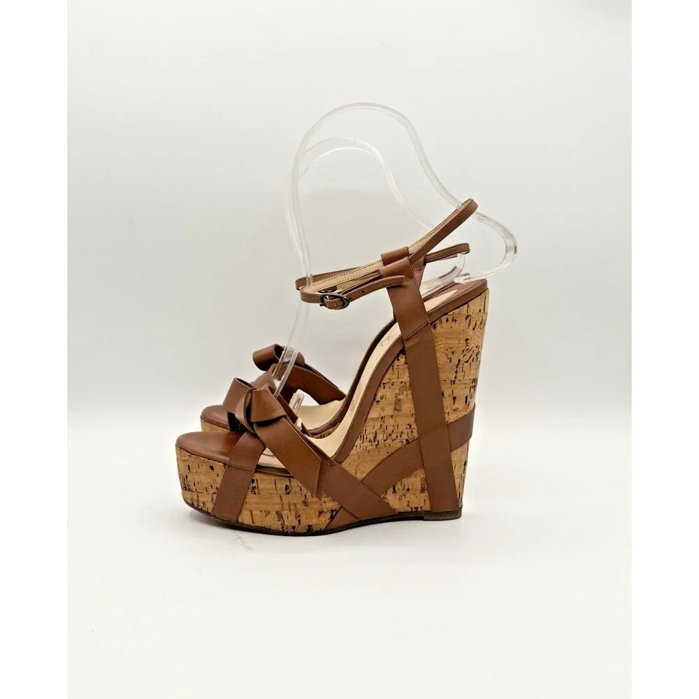 Christian Louboutin Cork Wedge Heels Brown Leather Bow Accent Size EU 35